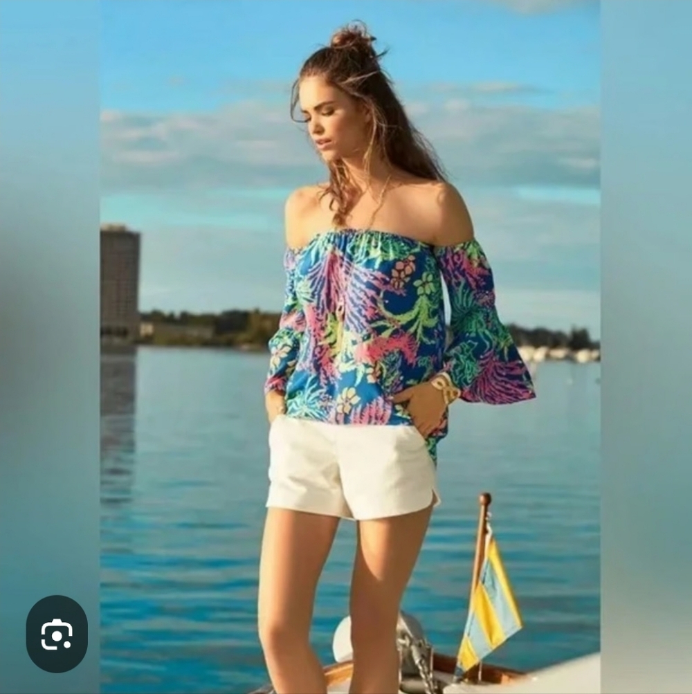 Lilly Pulitzer Sanilla Silk Off The Shoulder "Indigo All A Glow" Print Size S - Picture 11 of 13